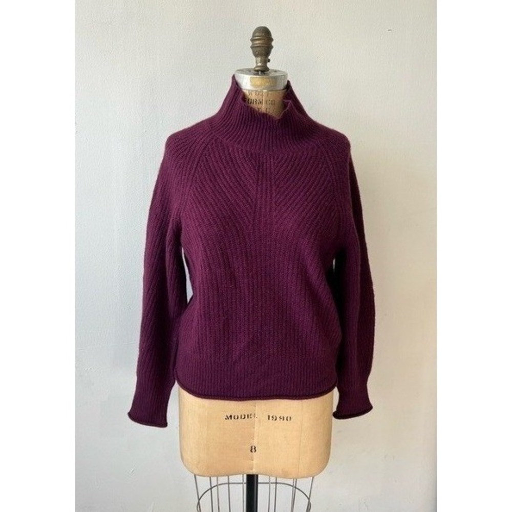 White + Warren 100% Cashmere Mock Neck Ribbed Sweater Burgundy XS